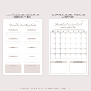 May include: Two printable gratitude journal templates. The first template is for weekly use and has a space for each day of the week. The second template is for monthly use and has a calendar grid with spaces for each day of the month.