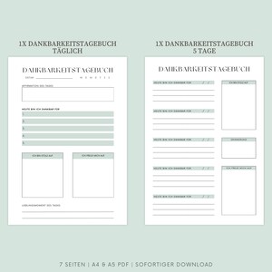 May include: Two printable gratitude journal pages in a light green color scheme. The left page is for daily journaling and the right page is for journaling over five days. Both pages include prompts for reflection and gratitude.