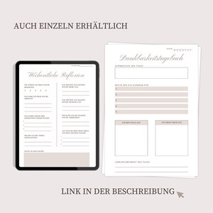 May include: A digital printable planner with a beige background and brown text. The planner is divided into two sections: "Weekly Reflection" and "Gratitude Journal". The "Weekly Reflection" section includes prompts for reflecting on the past week, such as "What were my three highlights this week?" and "What can I improve next week?" The "Gratitude Journal" section includes prompts for reflecting on the current day, such as "What am I grateful for today?" and "What am I proud of today?"