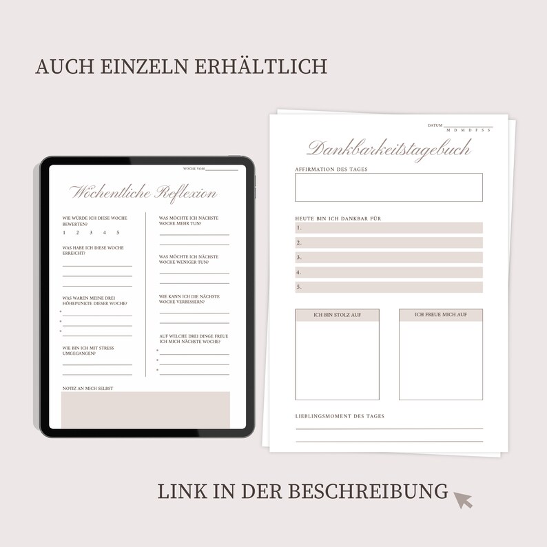 May include: A digital printable planner with a beige background and brown text. The planner is divided into two sections: "Weekly Reflection" and "Gratitude Journal". The "Weekly Reflection" section includes prompts for reflecting on the past week, such as "What were my three highlights this week?" and "What can I improve next week?" The "Gratitude Journal" section includes prompts for reflecting on the current day, such as "What am I grateful for today?" and "What am I proud of today?"