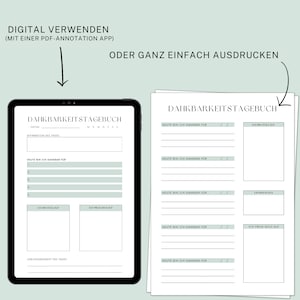 May include: Two printable gratitude journal pages with a green background. The pages are titled "Dankbarkeitstagebuch" which translates to "Gratitude Journal" in English. The pages include prompts for daily affirmations, things you are grateful for, and things you are proud of.