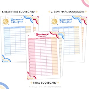 May include: A stack of scorecards with a retro design. The top two scorecards read "1. Semi-Final Scorecard" and "2. Semi-Final Scorecard". The bottom scorecard reads "Final Scorecard 2020". The scorecards have a disco ball graphic.
