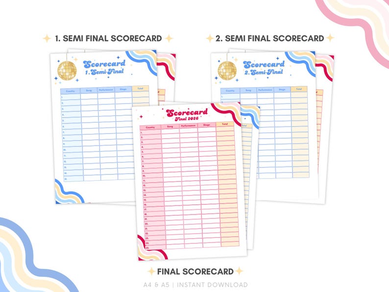 May include: A stack of scorecards with a retro design. The top two scorecards read "1. Semi-Final Scorecard" and "2. Semi-Final Scorecard". The bottom scorecard reads "Final Scorecard 2020". The scorecards have a disco ball graphic.