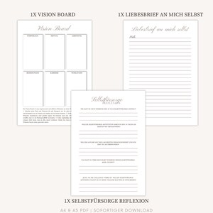 May include: A printable worksheet with a vision board template, a self-care reflection checklist, and a love letter to yourself template. The worksheet is in black and white with a gray background.