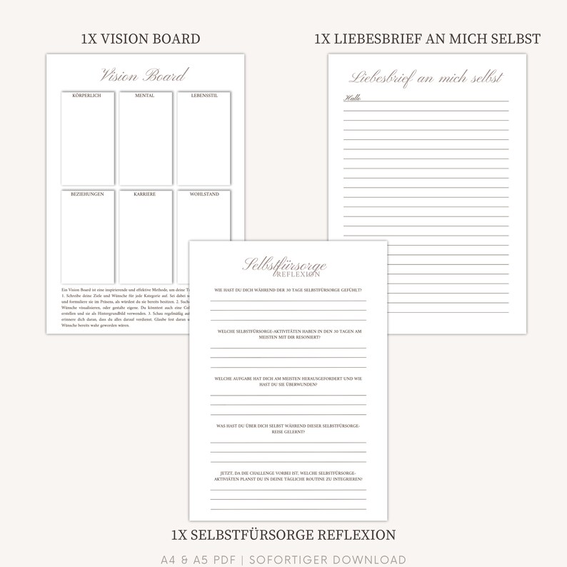 May include: A printable worksheet with a vision board template, a self-care reflection checklist, and a love letter to yourself template. The worksheet is in black and white with a gray background.