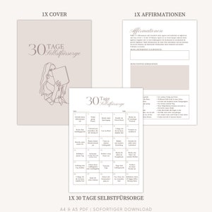 May include: A printable 30-day self-care journal with a light brown background and a line drawing of a woman reading a book. The journal includes a calendar with daily prompts for self-care activities, such as "Write down your affirmations", "Drink more water", "Make a vision board", and "Practice gratitude".
