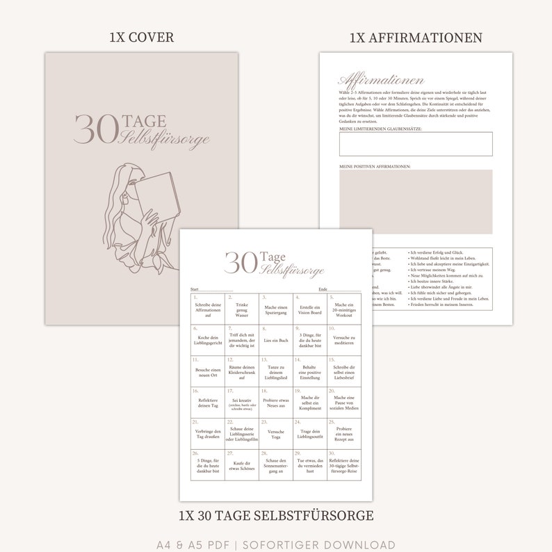 May include: A printable 30-day self-care journal with a light brown background and a line drawing of a woman reading a book. The journal includes a calendar with daily prompts for self-care activities, such as "Write down your affirmations", "Drink more water", "Make a vision board", and "Practice gratitude".