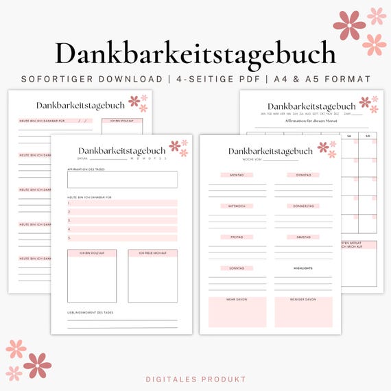Dankbarkeitstagebuch zum Ausdrucken - Dankbarkeitstagebuch Vorlage - Sofortiger Download - A4 & A5 PDF Format - Achtsamkeit - Wohlbefinden