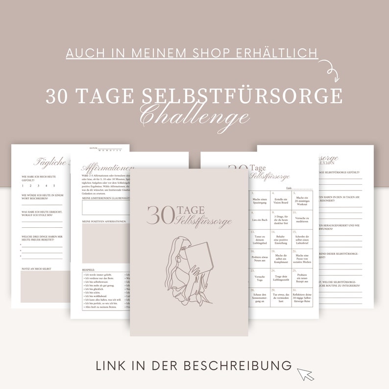 May include: A printable 30-day self-care challenge journal with a minimalist design. The journal includes daily affirmations, a self-care checklist, and a 30-day self-care plan.