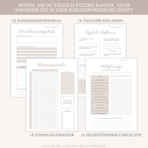 May include: A printable PDF download for a 30-day gratitude journal, daily reflection, mood tracker, and self-care checklist. The pages are beige with black text and illustrations.