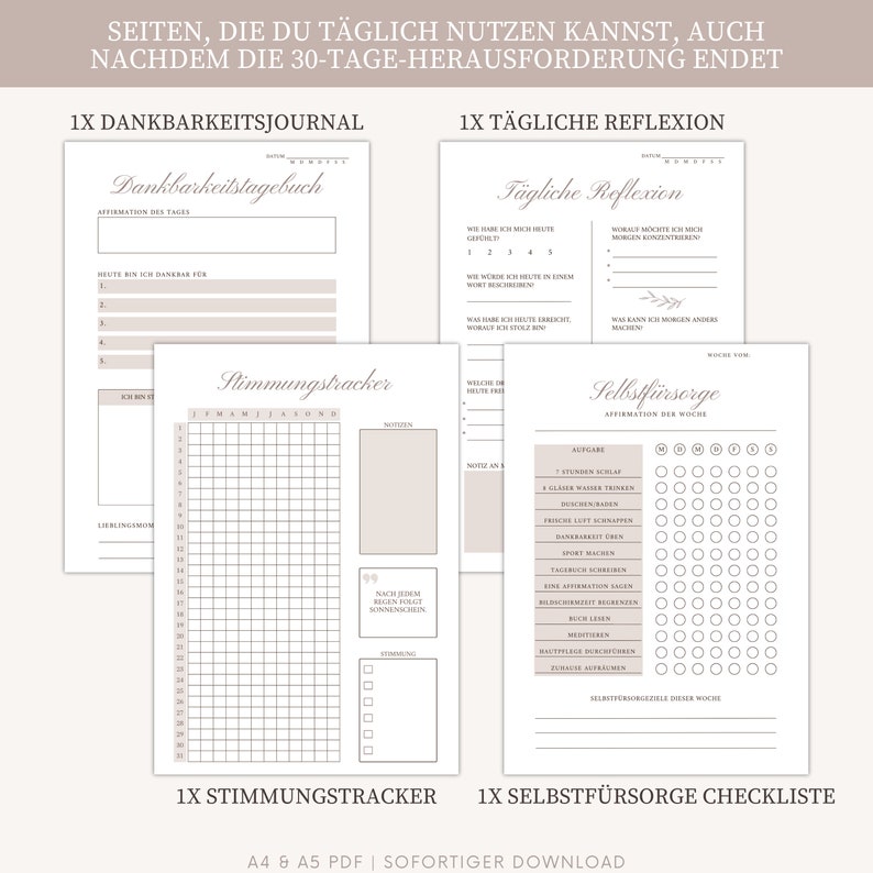 May include: A printable PDF download for a 30-day gratitude journal, daily reflection, mood tracker, and self-care checklist. The pages are beige with black text and illustrations.