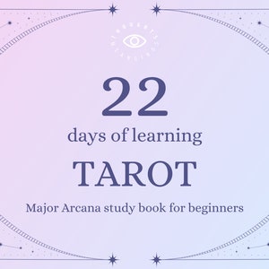 Peut inclure: Un fond dégradé violet et bleu avec un cercle blanc au centre. Le cercle contient le texte "22 jours d'apprentissage du TAROT Livre d'étude de l'Arcane Majeur pour débutants". L'arrière-plan est décoré d'étoiles et de constellations.
