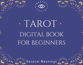 Puede incluir: Una portada de libro digital azul con detalles dorados. El título es "Tarot Libro digital para principiantes" con el subtítulo "Significados generales".