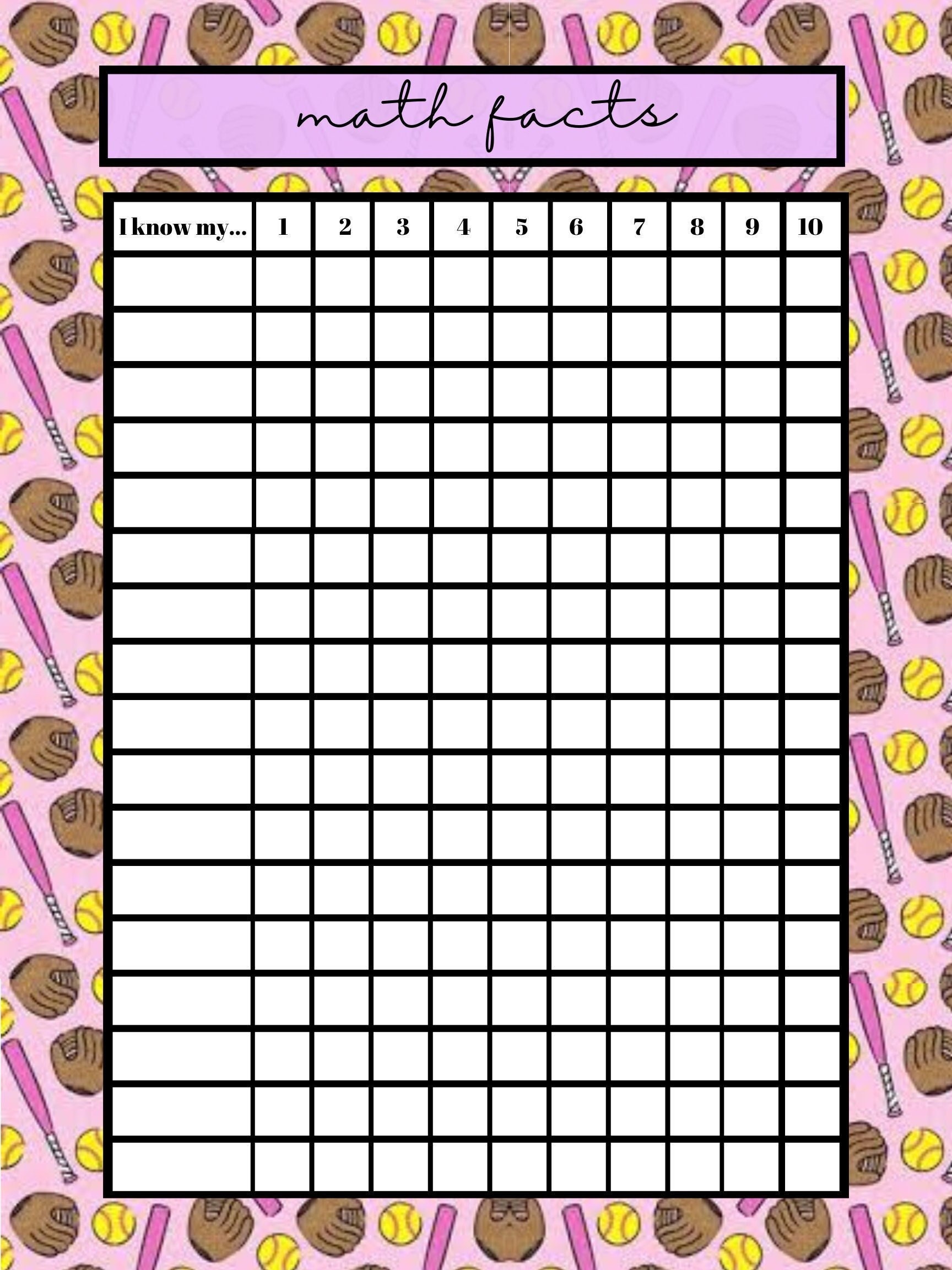 Softball Math Chart (multiplication Tracker) - Etsy