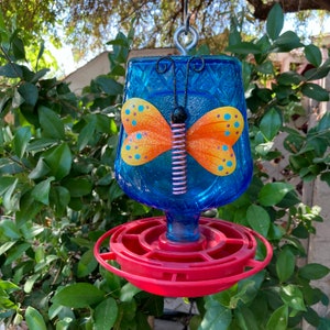 Bird Feeder, Seed Feeder, Thistle Feeder, Crown Royal Bottle, Metal Butterfly, Backyard Bird House, Garden Art, Gift for Mom