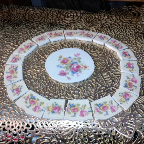 Broken China Mosaic Tiles, Hand Cut Tiles, Vintage China Mosaic Tiles, Jewelry Tile, Broken Dish Mosaic Tiles, 18 piece