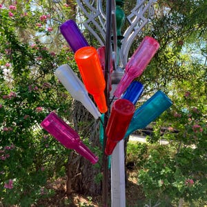 Hanging Bottle Tree: 9 Colored Recycled Glass Bottles, Yard Art