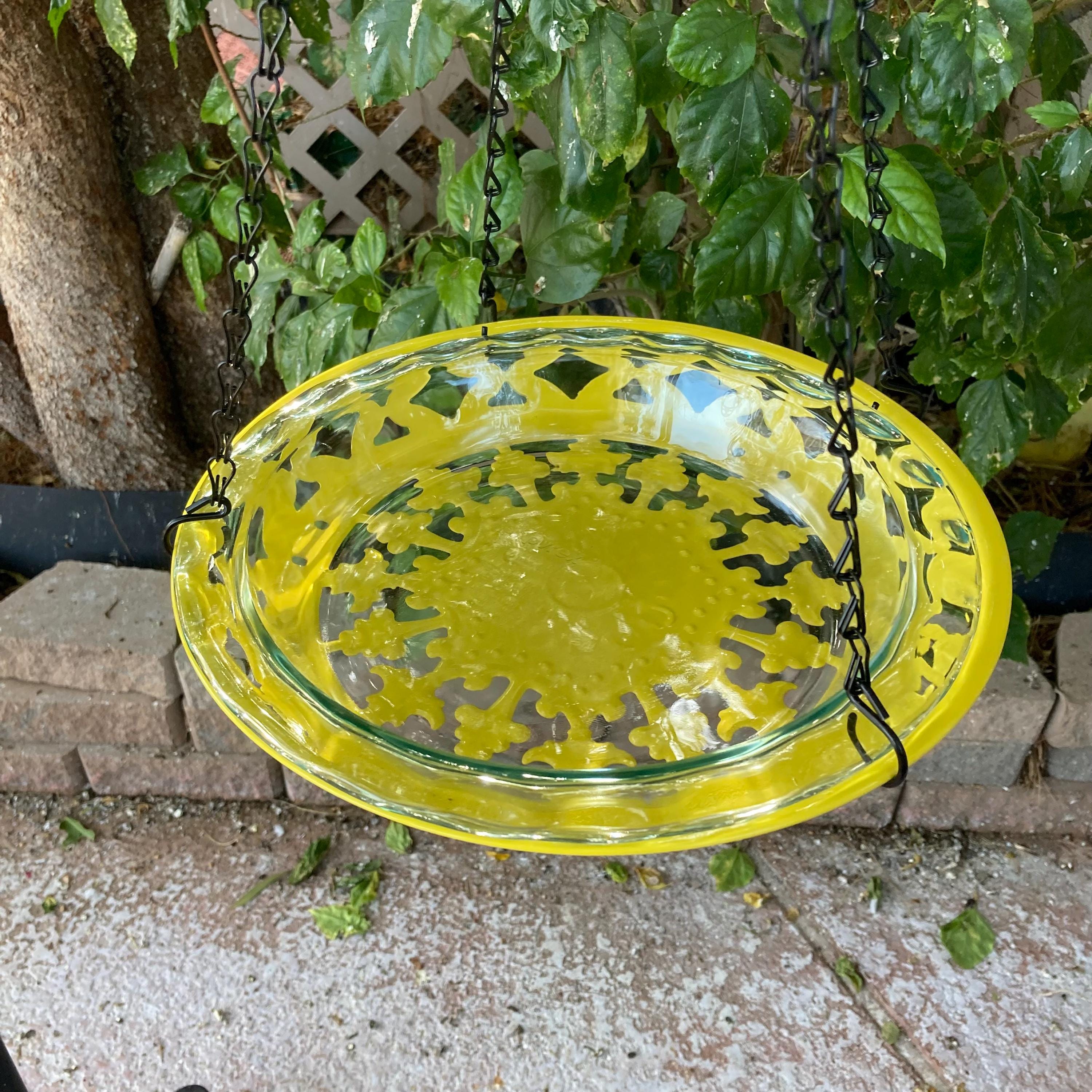 Hanging Bird Bath/Feeder: Fluted Glass Pie Plate, Metal Filigree