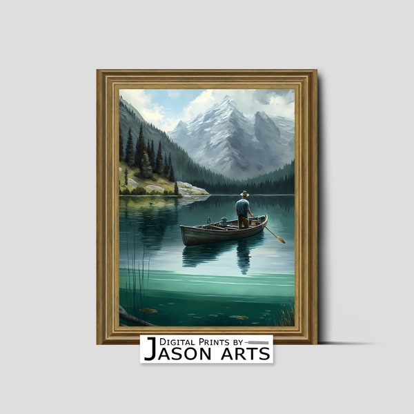 Mountain Lake Fishing Art Print Serene Alpine Landscape Angler in Boat Calm Nature Scene