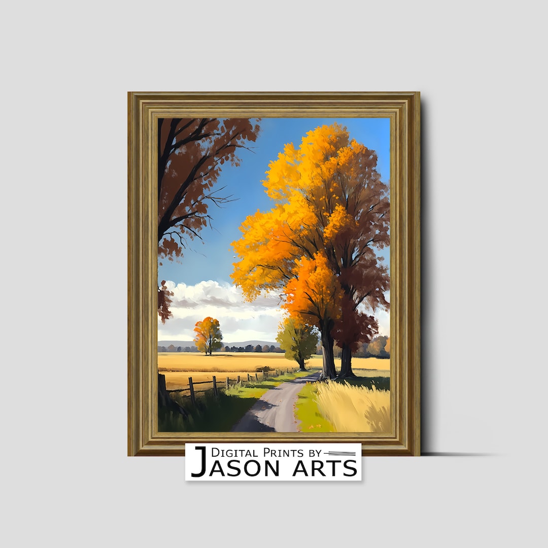 Autumn Countryside Road Digital Painting Downloadable Rustic Landscape ...