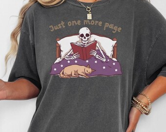 Skeleton Reading Cat Comfort Colors Tee, Book Lover Shirt