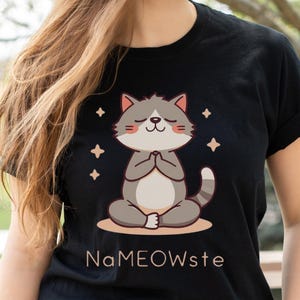 Grey Cat Nameowste Yoga Pose Unisex Softstyle T-Shirt, Funny Cat Tee, Cat Lover Gift, Yoga Enthusiast Top, Cute Animal Shirt, Meditation top