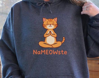 Orange Cat Yoga Nameowste Hoodie, Funny Kitty Meditation Sweatshirt, Cat Lover Gift, Yoga Pose Hooded Jumper, Cute Animal Apparel present