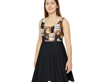 Cat Lover Women&#39;s Skater Dress, Feline Print Fashion Dress, Kitty Patterned Sundress, Pet Owner Gift Clothing, Animal Print Cat Lady costume