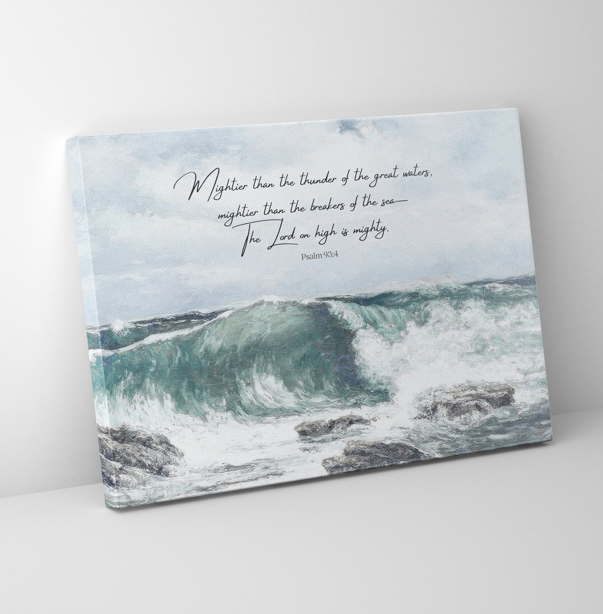 Scripture Wall Canvas  - Mightier Than the Waves of the Sea, Psalm 93 | Bible Verse Canvas, Coastal Beach House Decor - Canvas Gallery Wrap