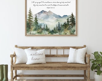 I Lift My Eyes To The Mountains— PSALM 121 Scripture Wall Art |  Forest Mountain Painting, Wall Decor for Cabin, Bible Verse Art For Home