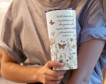 Christian Bible Verse Tumbler 20oz - Colossians 3:12 | Vintage Pressed Wildflowers Tumbler, Butterfly Flower Garden, Christian Gift