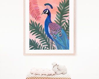 Pink Peacock Wall Decor - Peacock Painting Tropical Jungle Art | Peacock Art PRINT for Bohemian, Nursery, Kid's Bedroom Decor