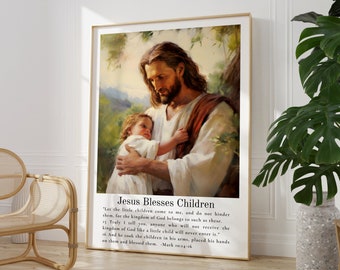 Jesus Blesses The Children Painting PRINT | Child of God Wall Art, Christian Home Decor for Nursery, Kid's Bedroom, Living Room, Jesus Art
