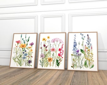 Set di 3 arte da parete con fiori di campo colorati / Pittura ad acquerello di fiori stampabili / Stampe floreali luminose Decor per camera da letto, asilo nido, soggiorno