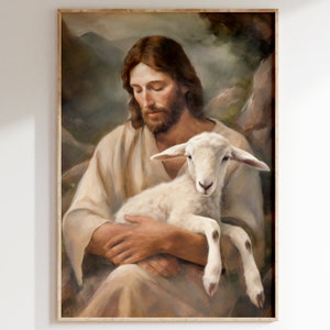 Jesus and The Lost Sheep Bible Painting | Jesus Wall Art - Christian Wall Decor for Home or Church | Rescue of The Lamb - Printable Wall Art