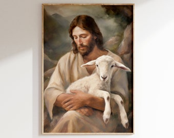 Jesus and The Lost Sheep Bible Painting | Jesus Wall Art - Christian Wall Decor for Home or Church | Rescue of The Lamb - Printable Wall Art