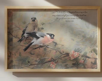 Look At The Birds Of The Air - Matthew 6:26 Bible Verse Art Print, Jesus Quote, Vintage Bird Painting, Scripture Wall Decor - Unframed Art