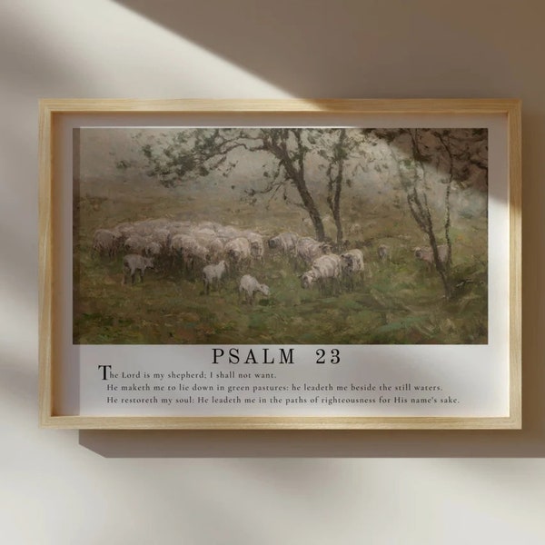 PSALM 23 Art - The Lord is My Shepherd Wall Art |  Christian Decor, Bible Verse Wall Decor - Vintage Sheep Painting Print - Unframed Art