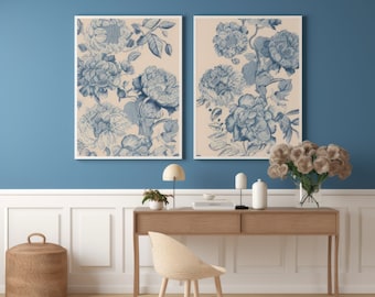 Set of 2 Blue Floral Wall Art: Blue Flower Painting Prints - Blue Botanicals for Bedroom, Living Room or Any Blue Themed Wall Decor