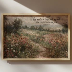 Thy Word Is A Light Unto My Path - Psalm 119 Bible Verse Wall Art | Christian Home Decor, Farmhouse Decor, Wildflower Field - Unframed Print