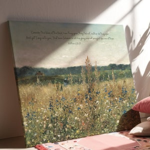 Scripture Canvas Art - Consider The Lilies - Matthew 6:28 Bible Verse Art, Jesus Quote, Scripture Decor | Vintage Wildflower Field Canvas