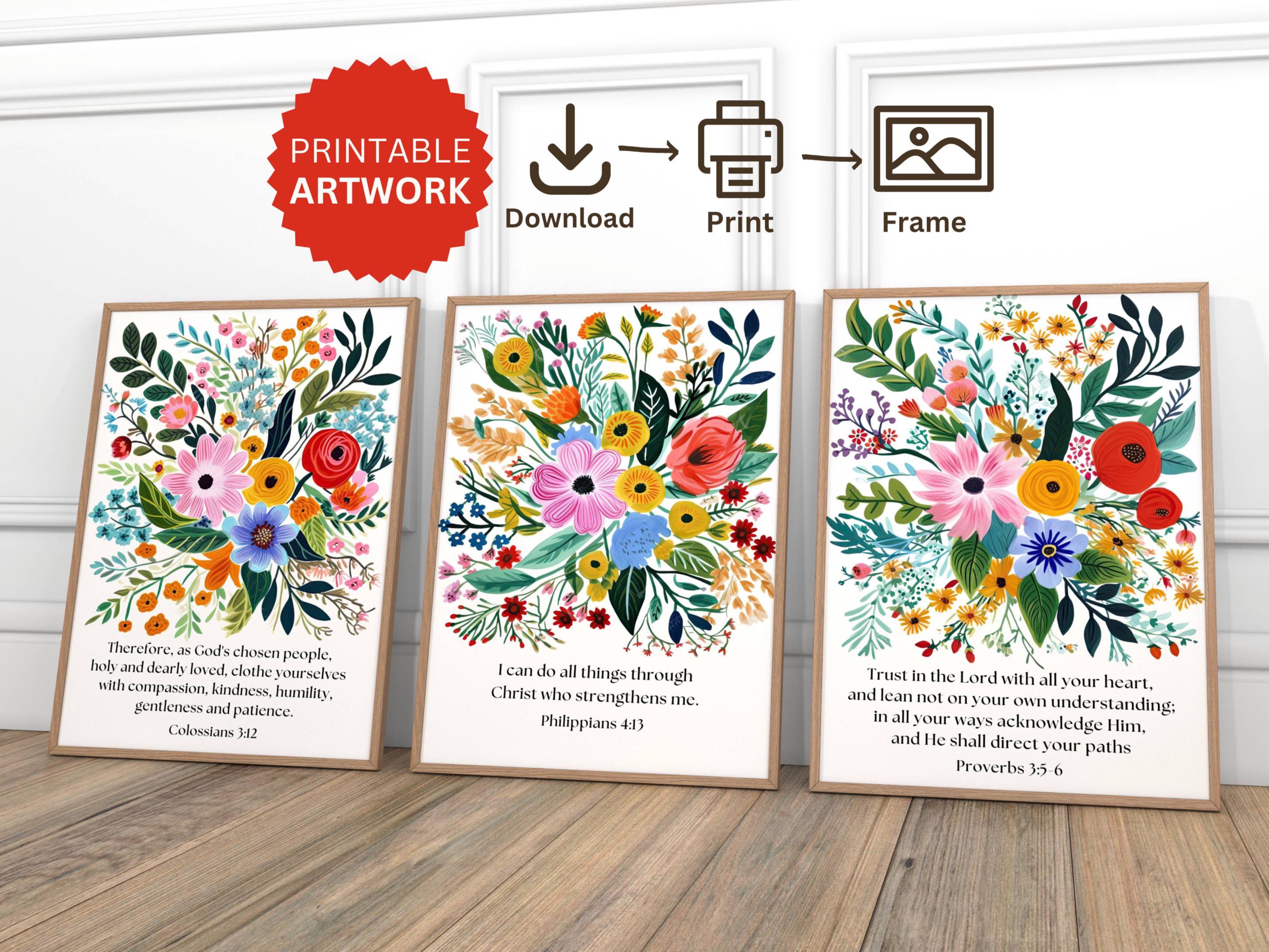 Set of 3 Bible Verse Wall Art Colorful Flowers, Christian Decor Floral ...