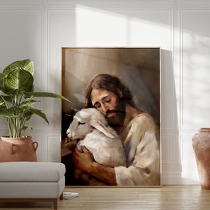 Jesus The Good Shepard & The Lost Lamb | Jesus Portrait Painting Wall Art | The Love of Christ - Jesus and The Lost Sheep | Jesus Art PRINT