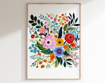 Impresión de arte de ramo floral - decoración de pared de flores, arte de pared botánico / pintura de gouache de ramo de jardín de flores IMPRESIÓN