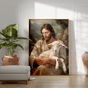 Jesus and The Lost Sheep Wall Art - Jesus Christ and The Rescue of The Lamb | Bible Art, Jesus Art, Christian Wall Decor - Unframed PRINT