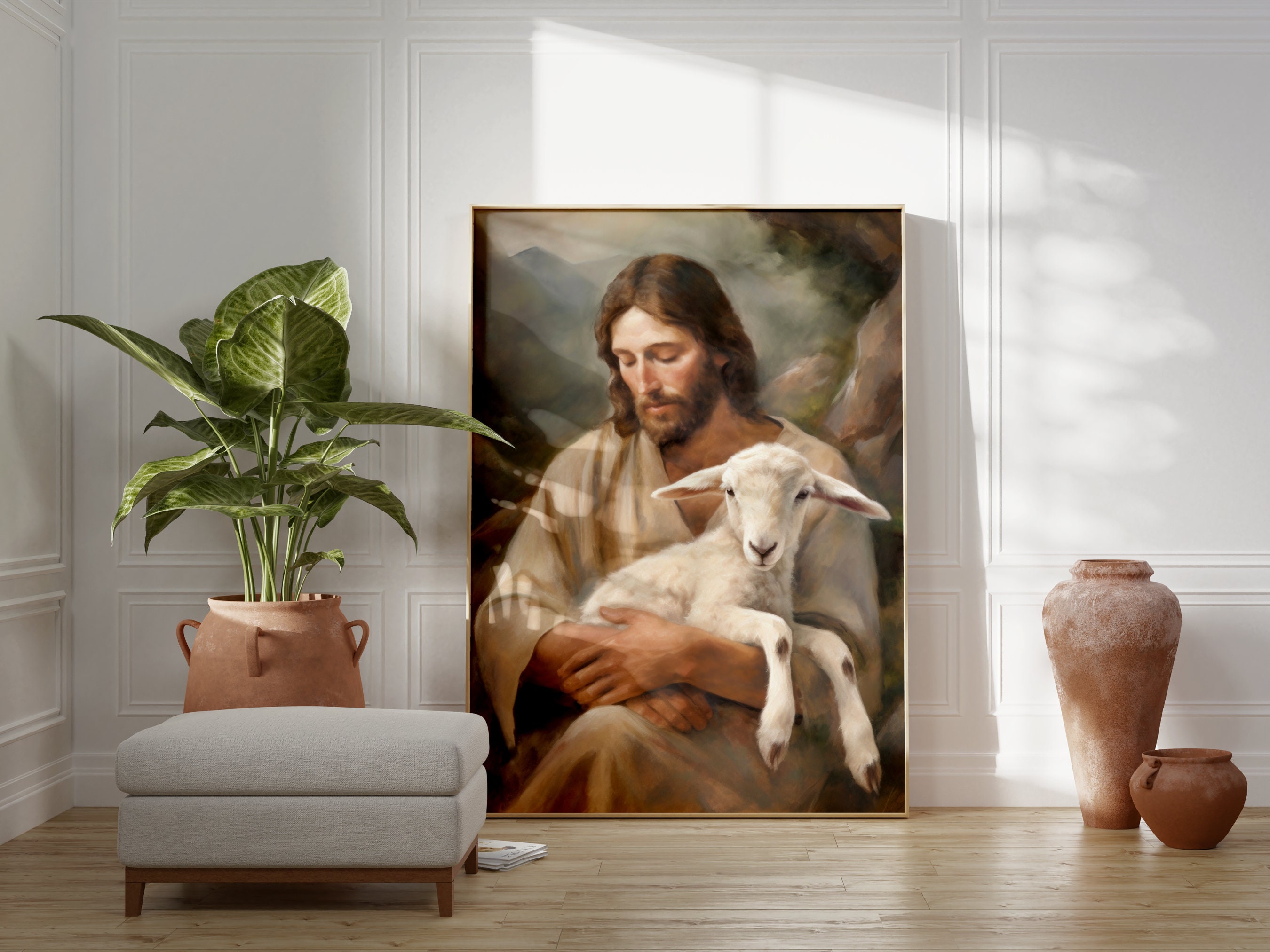 Jesus and The Lost Sheep Wall Art - Jesus Christ and The Rescue of The Lamb | Bible Art, Jesus Art, Christian Wall Decor - Unframed PRINT
