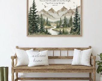 Those Who Trust in the LORD will Soar on Wings like Eagles - Isaiah 40:31 Bible Verse | Mountain Forest Cabin painting, Christian Wall Art