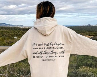 Seek First His Kingdom-hoody | Sweater met capuchon, Jezus-hoody, christelijke hoodie, minimalistische hoodie | Hoodie met bijbeltekst - Mattheüs 6:33
