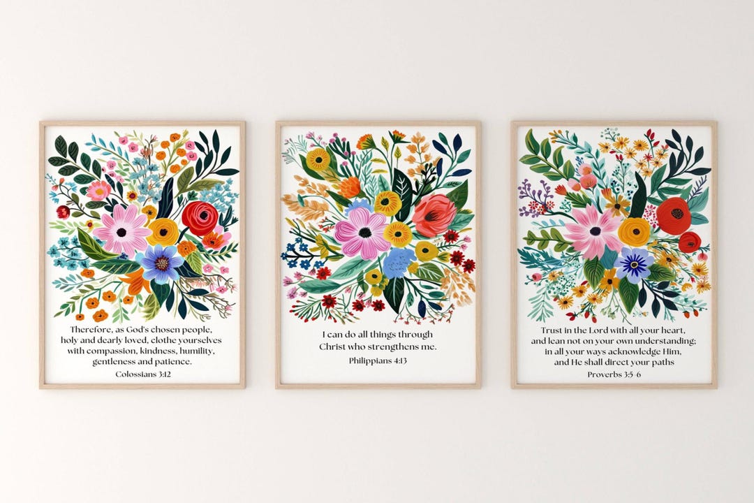 Set of 3 Bible Verse Wall Art Colorful Flowers, Christian Decor Floral ...