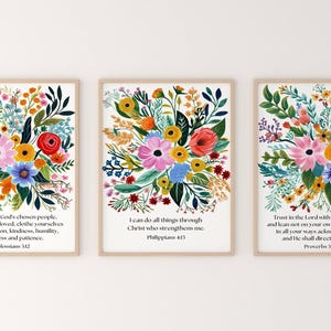 Set of 3 Bible Verse Wall Art Colorful Flowers, Christian Decor Floral Art | Bright Floral Bouquet, Philippians 4:13, Proverbs 3 - Printable